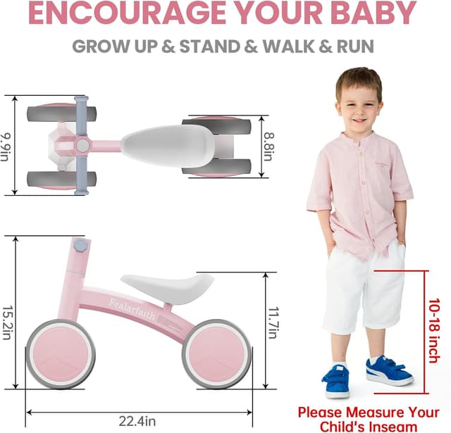 Detalle 2 de Fealarfaith Baby Balance Bike (Baby Pink) for 10–36 Months — LED Lighting Wheels, 4-Wheel Toddler First Bike