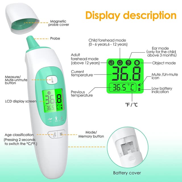 Detalle de KKmier Non Contact Digital Forehead & Ear Thermometer (CE certificated) with 3-colour fever alarm