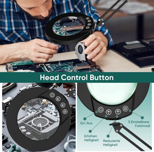 Detalle de TYEE 10X Lupenlampe mit Licht und Klemme (5 Farbmodi, stufenlos dimmbar) – Schwarz