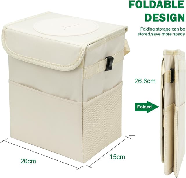 Detalle 2 de Domemit Car Bin (2 Gallons / 8L) – Collapsible waterproof car trash can with lid, pockets & adjustable strap – Beige