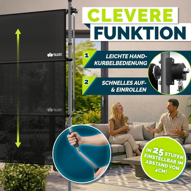 Detalle de tillvex® Klemmmarkise Senkrechtmarkise mit Handkurbel – Sichtschutz & Wetterfestes Balkonrollo ohne Bohren (Schwarz, 120x310 cm)