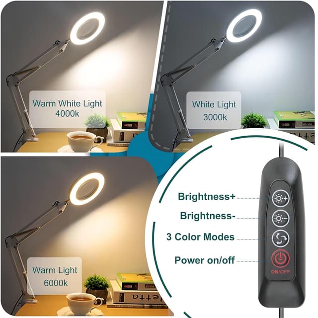 Detalle de Lampada con lente di ingrandimento Kevsuvqin 10x con luce e morsetto, braccio orientabile, 3 modalità colore