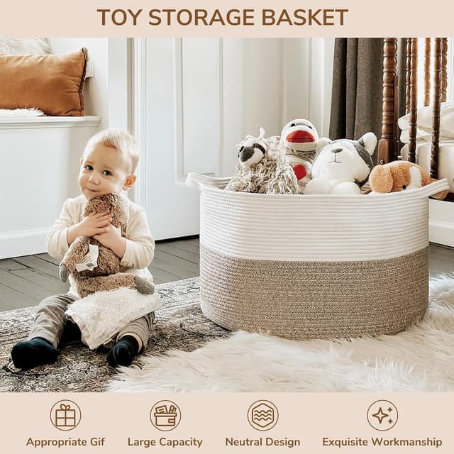 Detalle de TIMEYARD Aufbewahrungskorb Kinderzimmer – großer Wäschekorb aus Baumwollgeflecht (55 x 55 x 35 cm), braun