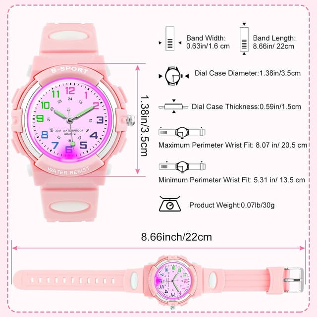 Detalle de DTKID Analoge Kinderuhr mit Licht – Jungen & Mädchen, gut lesbares Zifferblatt, 50 m wasserdicht (ab 5–16 Jahren)