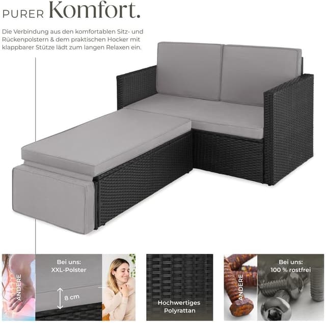 Detalle de tectake® Sofa Set mit Schlaffunktion: 2-Sitzer Sessel + Hocker für Outdoor, klappbar, schwarz