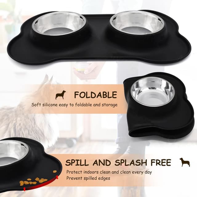 Detalle de Stainless steel double pet bowls with non-spill non-slip silicone mats (2 x 400ml) – for puppies, cats and small dogs