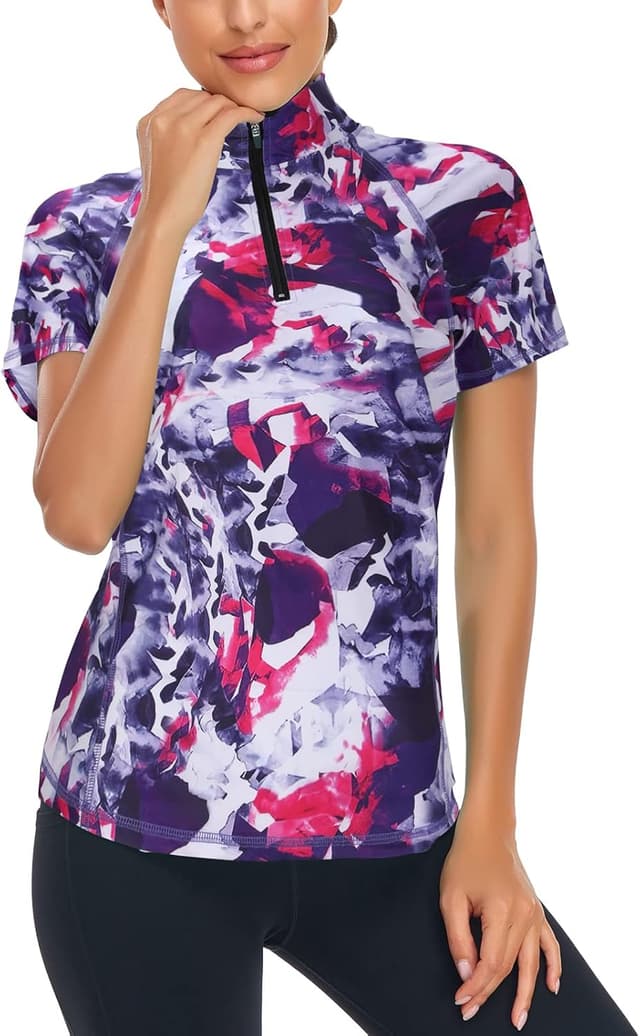 Detalle de Syphiby women’s 1/4 zip polo gym top (short sleeve, moisture wicking) for training and golf