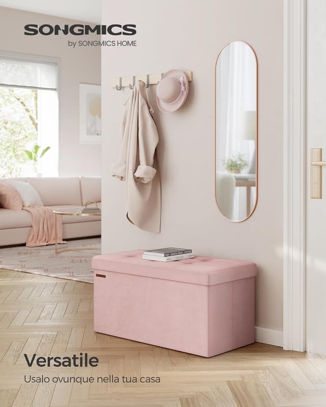 Detalle de SONGMICS cassapanca/pouf contenitore pieghevole rosa pastello LSF247R01, 38 x 76 x 38 cm, fino a 300 kg