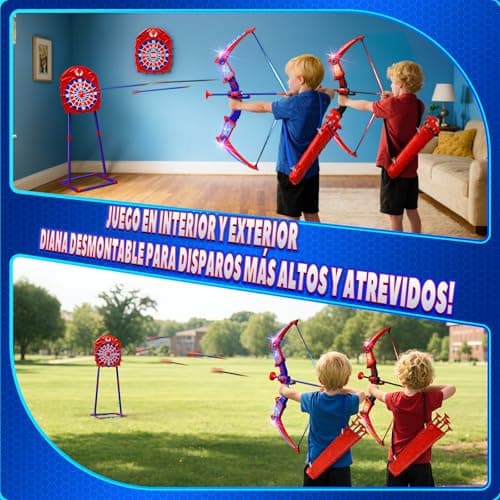 Detalle de Kidluna set de arco y flechas con luces LED rojas y azules para niños (2 arcos, 2 carcaj y diana telaraña)