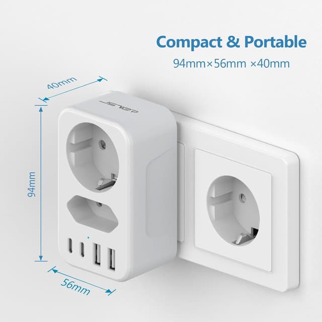 Detalle de JSVER Multi-Socket Power Strip 3680W con 1 presa Schuko, 1 presa europea e 4 porte USB (2×USB-A + 2×USB-C), bianco