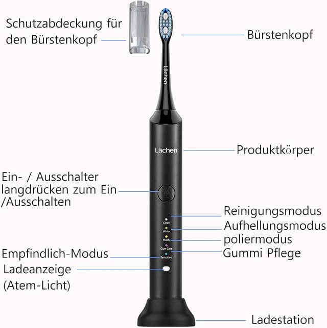 Detalle 2 de Lächen elektrische Schallzahnbürste Doppelpack (2 Handstücke) mit 2 Reise-Etuis, 5 Modi und 10 Ersatzbürstenköpfen