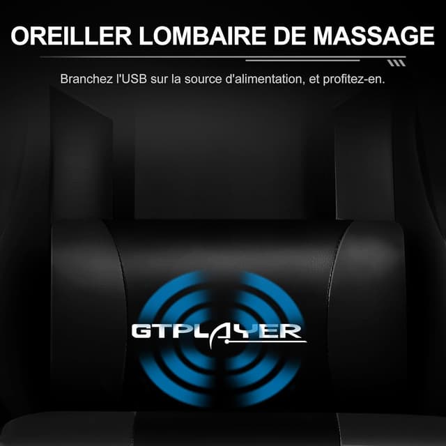Detalle de GTPLAYER Chaise Gaming noire avec massage lombaire et repose-pieds rétractable