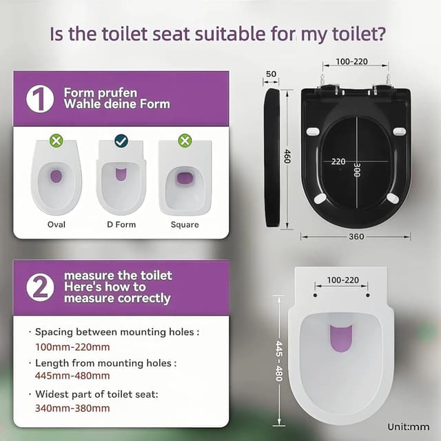 Detalle 2 de Solng Aldoih D-shaped Soft Close Toilet Seat in Black with One Button Hinge Release
