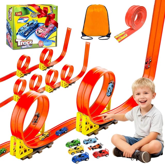 Detalle de EKXXHVLS Rennbahn Kinder 5M – flexible Autorennbahn mit 6 Autos, Dual-Loop & Rampen (Orange)