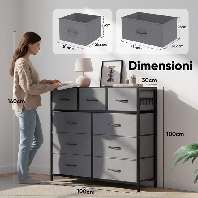 Detalle de HOKEEPER cassettiera stretta in tessuto con 9 cassetti e piano in legno/MDF (grigio)