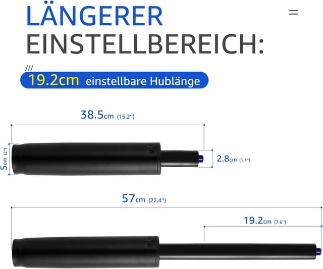 Detalle de Extra Lang Gasdruckfeder (Gesamtlänge 355–555 mm) für Barhocker & Drehstuhl, Klasse 4, 50 mm Ø – schwarz