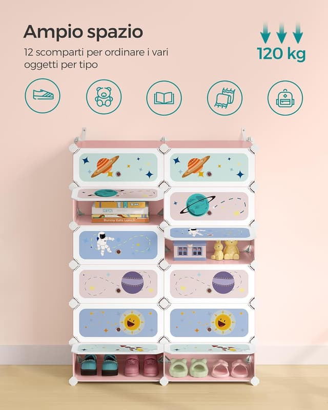 Thumbnail 6 de SONGMICS Scarpiera per bambini a 12 scomparti con ante e fissaggio LPC907R01, 31 x 81 x 106 cm (rosa gelatina)