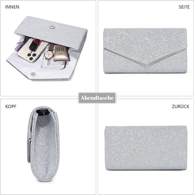 Detalle de fannos Clutch Silber – Abendtasche mit glänzendem Shiny Fabric, verstärkter Kette und Platz für Karten