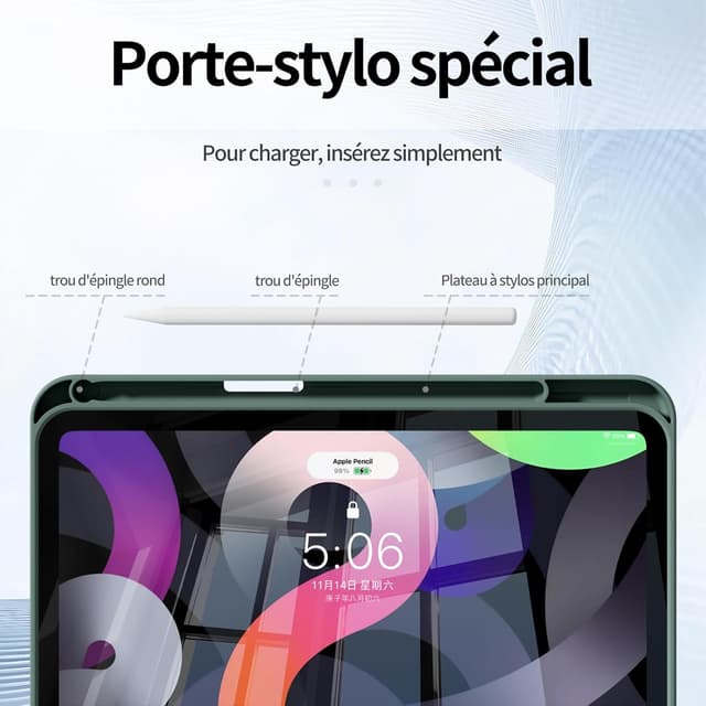 Detalle de Coque ZOPSGYU pour iPad Air 11 pouces (M4/M3/M2, Air 5/4) avec porte-stylet intégré et veille/réveil automatique – Vert foncé