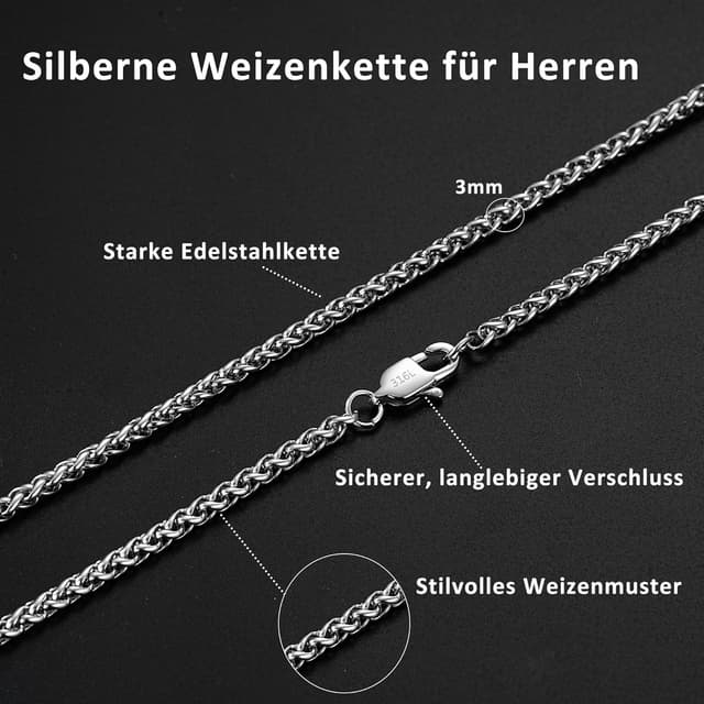 Detalle de Esrael Weizen/Venetian Edelstahlkette (2/3 mm) in Silber für Herren & Jungen – Kettenlänge 18/20/22/24 Zoll