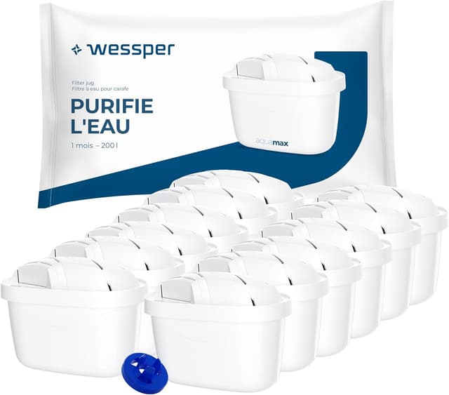 Detalle de Wessper Cartouche Filtrante – filtre à eau compatible carafe filtrante Brita Maxtra, charbon actif et résine échangeuse d’ions (12 pièces)