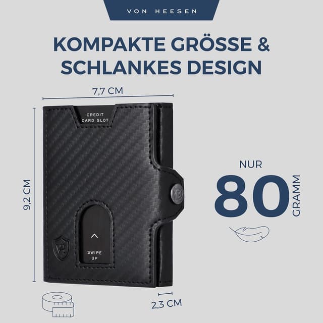 Detalle de VON HEESEN Slim Wallet mit XL Münzfach & RFID-Schutz aus Nappaleder – Carbon-Schwarz