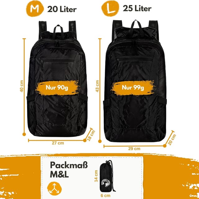 Detalle de Backpacker’s Journey faltbarer Ultraleicht-Rucksack (nur 90 g) – leichter Faltrucksack für Tagesausflüge & Reisen