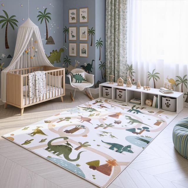 Detalle de SIMPEX Kinderteppich „Wald & Tiere“ rund 160 cm – Spielteppich für Kinderzimmer mit rutschhemmender Latex-Unterseite