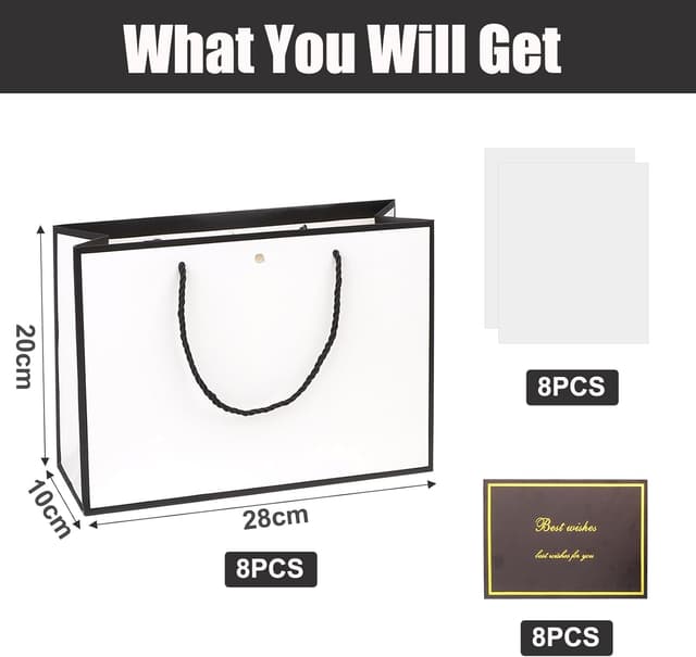 Detalle de Dimetey 8-Pack Medium Gift Bags with Handles, Bow Ribbon, Tissue & Card (White & Black) 20 x 28 x 10cm