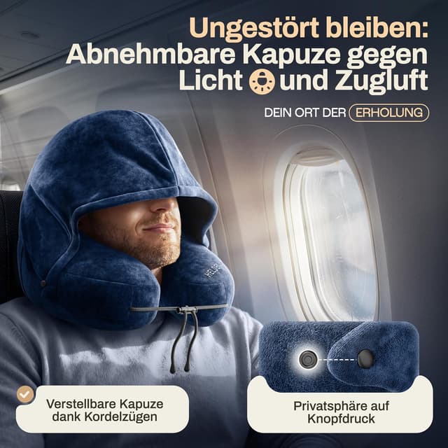 Detalle de HELDENWERK® Air Nackenkissen Flugzeug – aufblasbares Reisekissen für bis zu 5 Schlafpositionen
