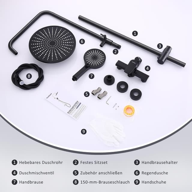 Detalle 2 de Duschsystem mit Armatur – höhenverstellbare Regendusche (26 cm) & 3-funktion Handbrause aus Edelstahl