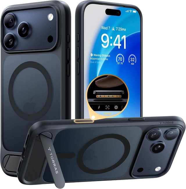 Detalle de TORRAS Strong Magnetic & Seamless Stand Case for iPhone 17 Pro (MagSafe, MIL-STD-810H), Black