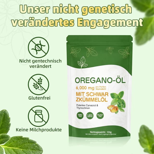 Detalle 2 de Oregano Öl Kapseln 6000 mg (2-in-1 Oregano & Schwarzkümmelöl) – 180 Softgels, vegan, gluten- & laktosefrei