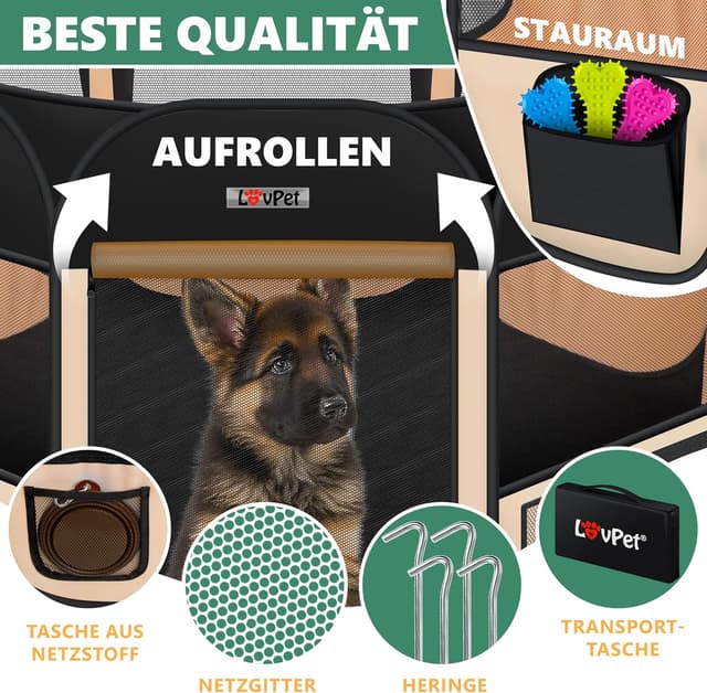 Detalle 2 de LOVPET Welpenlaufstall faltbar (Pop-up) für Kleintiere & Hunde/Katzen inkl. Hundenapf und Fleece-Decke, Schwarz/Beige