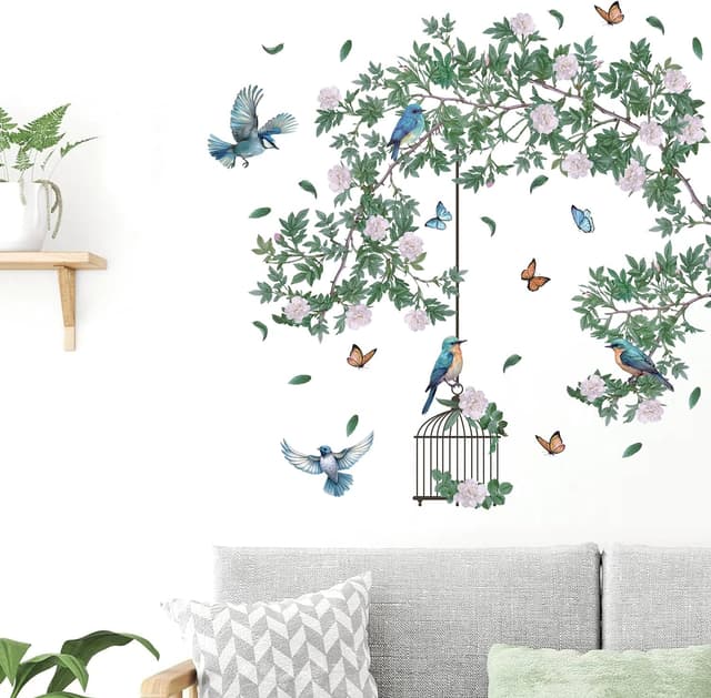 Detalle de HPUINB Green Plants & Birds wall stickers with tropical leaves (removable palm tree mural)