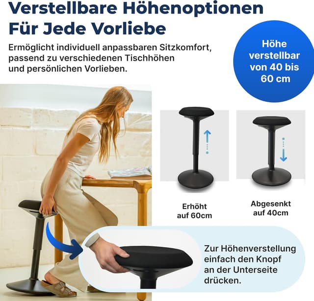 Detalle de Ergonomischer Hocker fürs Büro – höhenverstellbar 40–60 cm mit Schwingeffekt, mattschwarz