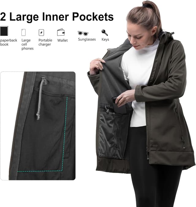 Detalle de 33,000ft Softshelljacke Damen – lange wasserdichte & winddichte Übergangsjacke mit abnehmbarer Kapuze