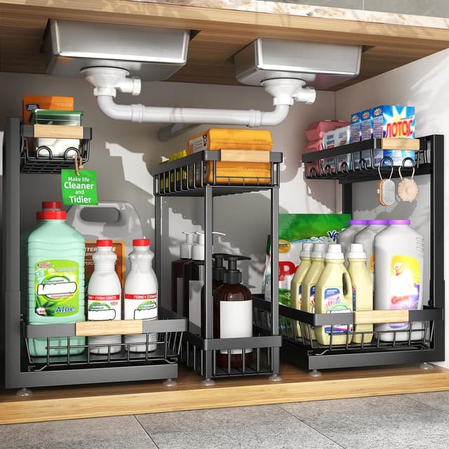 Detalle de Sevenblue 3-Pack Under Sink Organizer (Black) — Height-Adjustable 2-Tier Pull-Out Storage