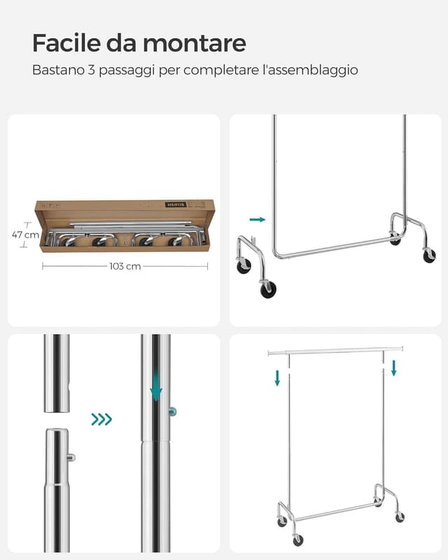 Thumbnail 6 de SONGMICS HSR11S stand appendiabiti con rotelle e barra estensibile, portata 130 kg