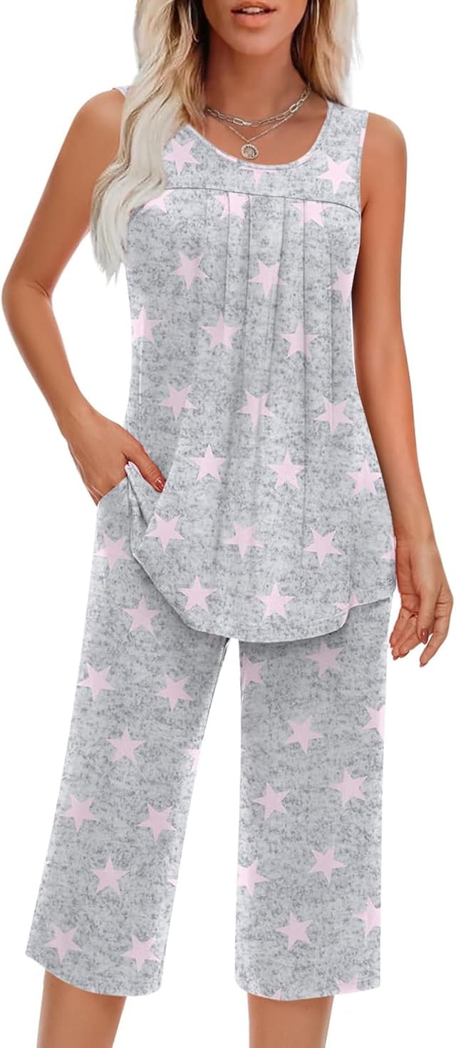 Detalle de Findsweet Women’s Pajamas Set (Sleeveless Tank Top & Pants with Pocket) — Soft Rayon/Spandex Loungewear, S–4XL