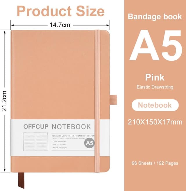 Detalle de OFFCUP Carnet A5 ligné avec couverture rigide en cuir végétalien et élastique (192 pages)