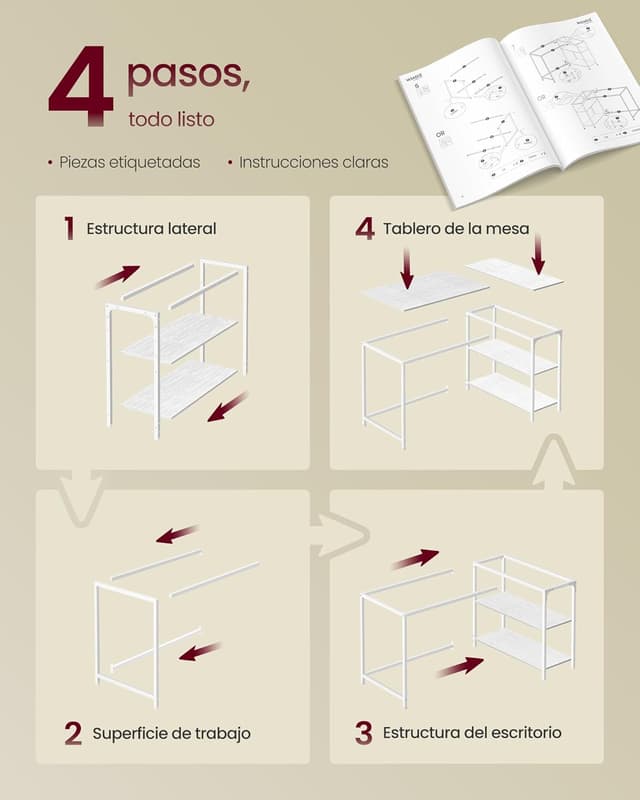 Thumbnail 6 de VASAGLE Scrivania Angolare a L LWD136WF01 bianco acciaio, 120 x 80 cm con scaffale reversibile e ripiano regolabile
