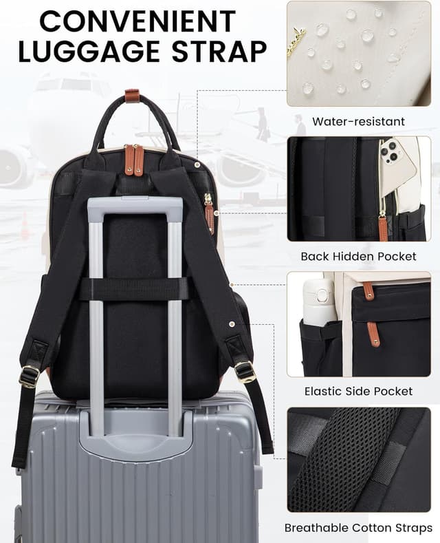 Detalle de LOVEVOOK Women’s Backpack with USB Port and 15.6-inch Laptop Protection (Beige/Black) – waterproof rucksack