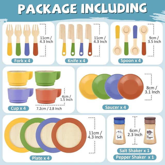 Detalle de Beberolen Wooden Toy Food Set for Kids Kitchen – tea party and pretend cooking dishes, plates and cutlery