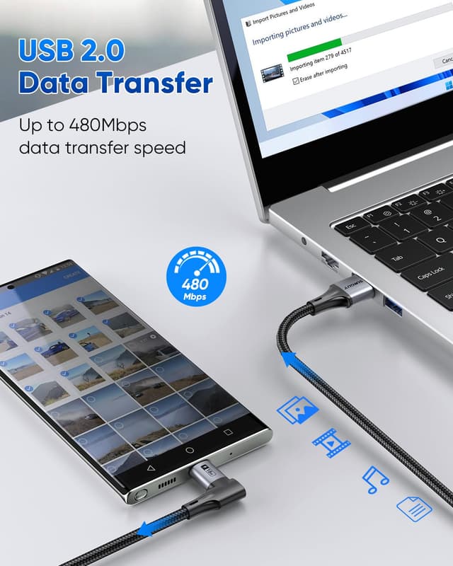 Detalle 2 de Lot de 2 câbles USB-C coudés SUNGUY (USB-A vers USB-C), 0,6 m, charge rapide & synchronisation données