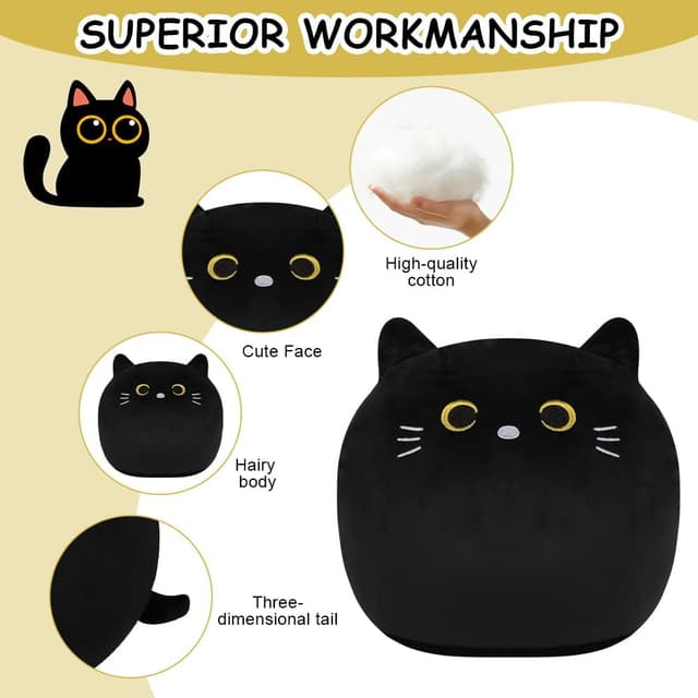 Detalle 1 de Vicloon Almohada de Peluche Gato Negro 🐱 Suave y Kawaii, 24 cm