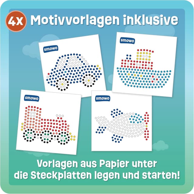 Detalle de Smowo 10mm Bügelperlen Steckplatten Fahrzeuge-Set (4 Platten + Vorlagen) für Kinder ab 3 Jahren