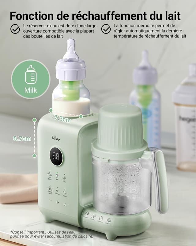 Detalle de Bear Robot Cuiseur Mixeur Bébé avec panier vapeur 500 ml (sans BPA) : cuisson à la vapeur, mixage et désinfection
