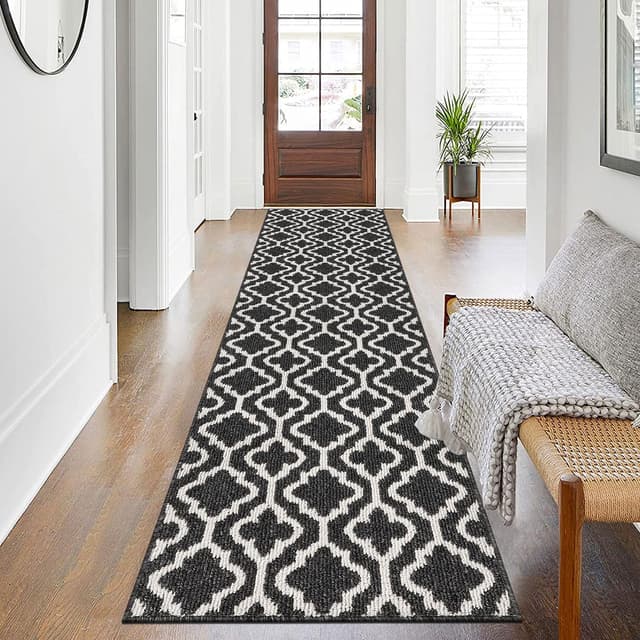 Detalle de SHACOS Extra Long Hallway Runner Rug 66x300 cm (Black/White) with Non-Slip Rubber Backing, Washable Entryway Carpet Runner