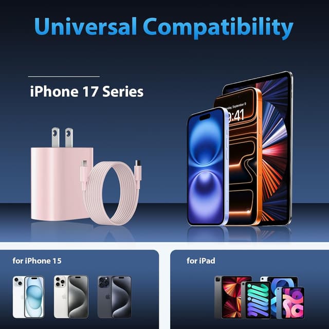 Detalle de 20W Phone 16/15 Fast Charger 2-Pack with 10FT USB-C Cable (Type C, USB C to C) Pink